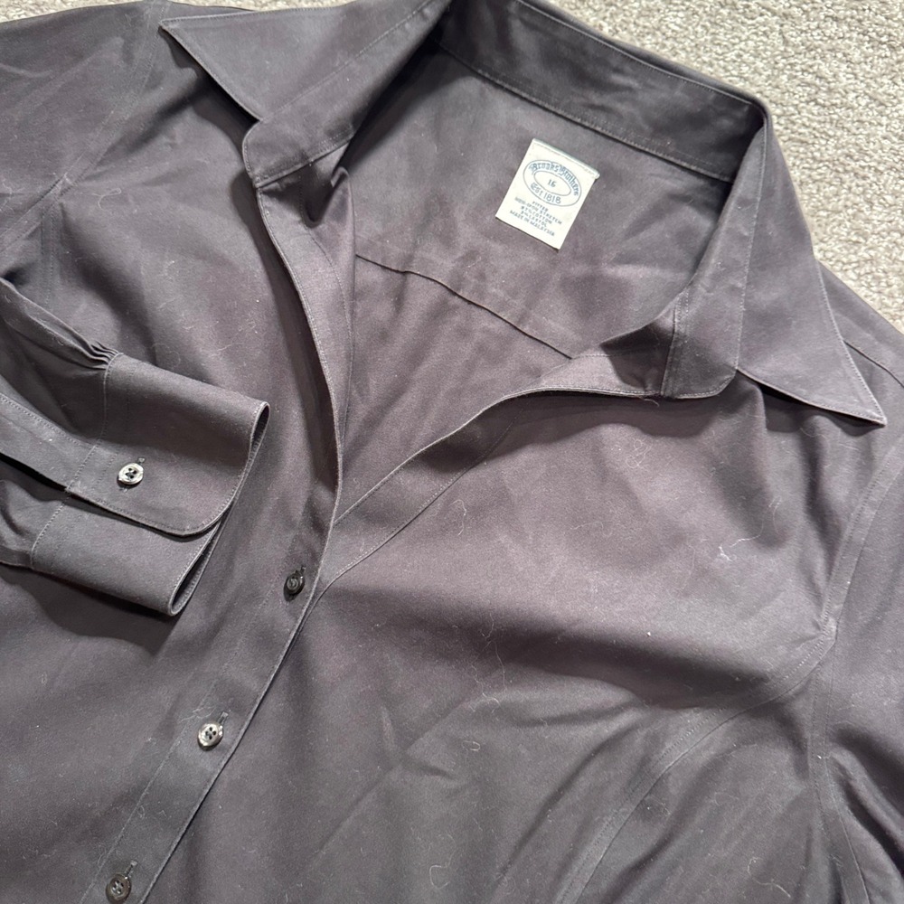 Brooks Brothers Shirt Womens 16 Black Solid Cotton Non Iron Stretch Career Work